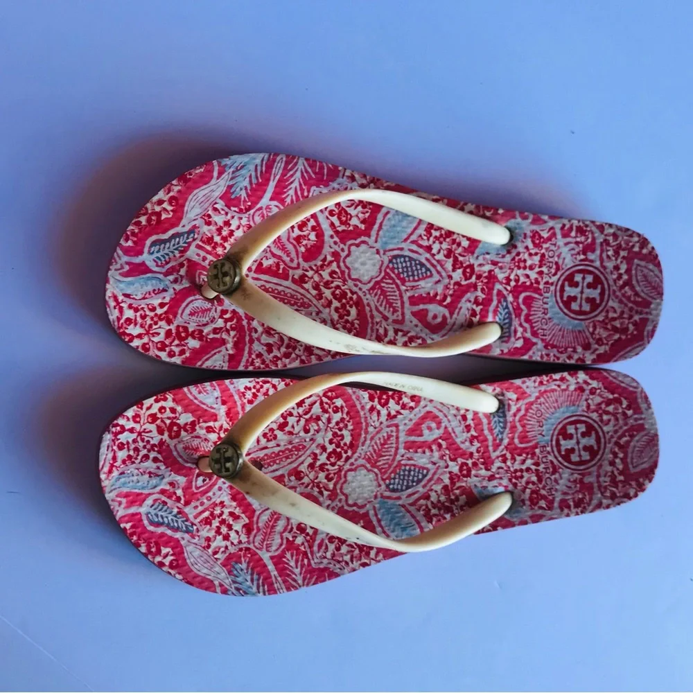 Tory Burch Red Floral Flip‎ Flops